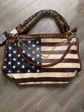 American Flag Print Tote Bag with Stud and Chain Detail - Brown NWT by Ruby